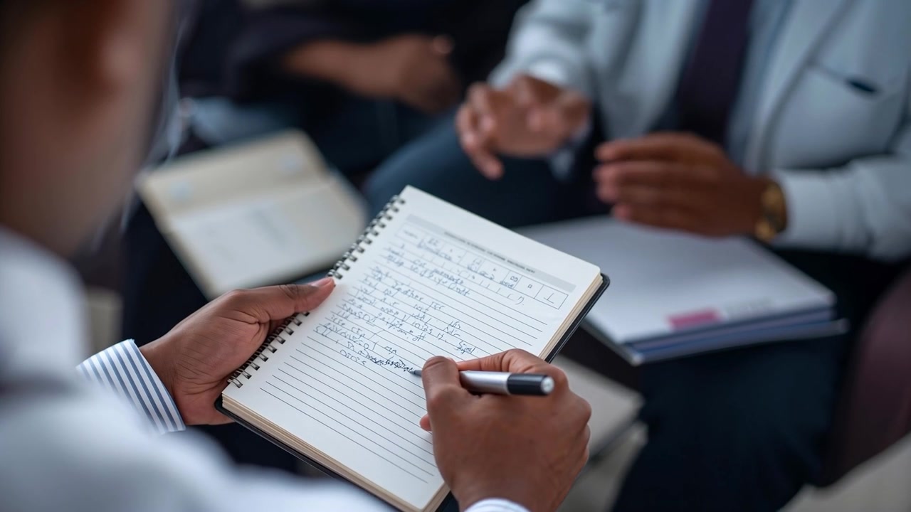 Writing striped-cuff man pausing, resuming notes in spiral pad in meeting as colleague gestures