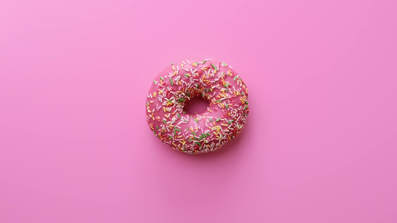 Donut fresco e aromático, coberto de chocolate e granulado colorido, gira isolado. Câmera 4k Dragon RED