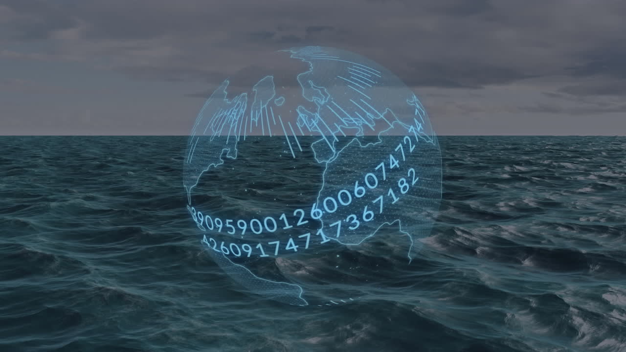 데이터 처리 및 바다 위에서 회전하는 지구의 애니메이션