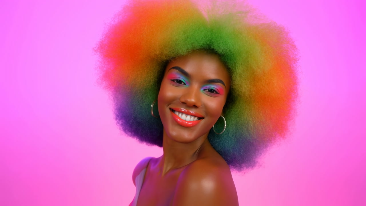Black Woman Rainbow Afro Portrait, Pink Background Vivid Makeup Hoop Earrings Radiant Smile Confident Model