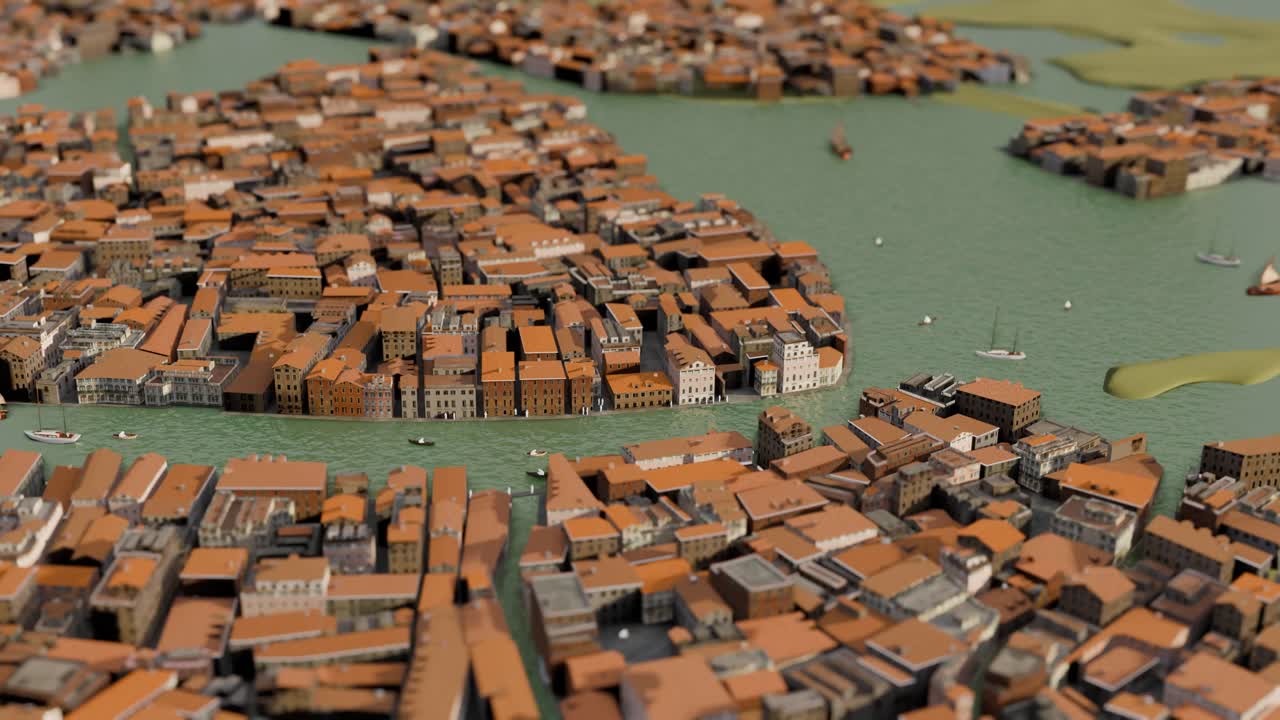 3D Animation showing a drone view of boats passing through the canals of Venice