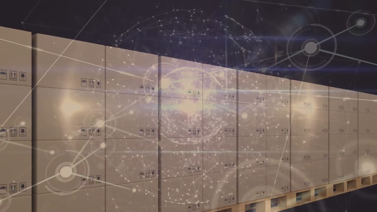 анимация сети соединений через коробки на производственной линии