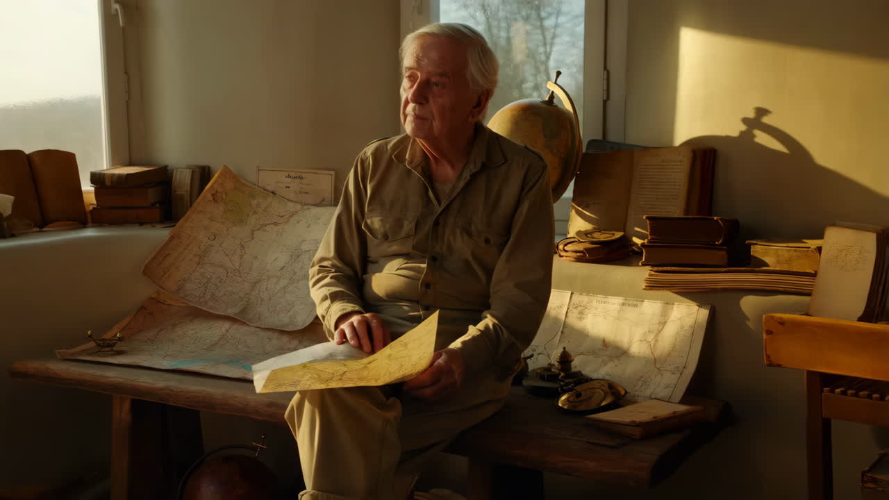 Elderly Man with Maps and Books in a Study