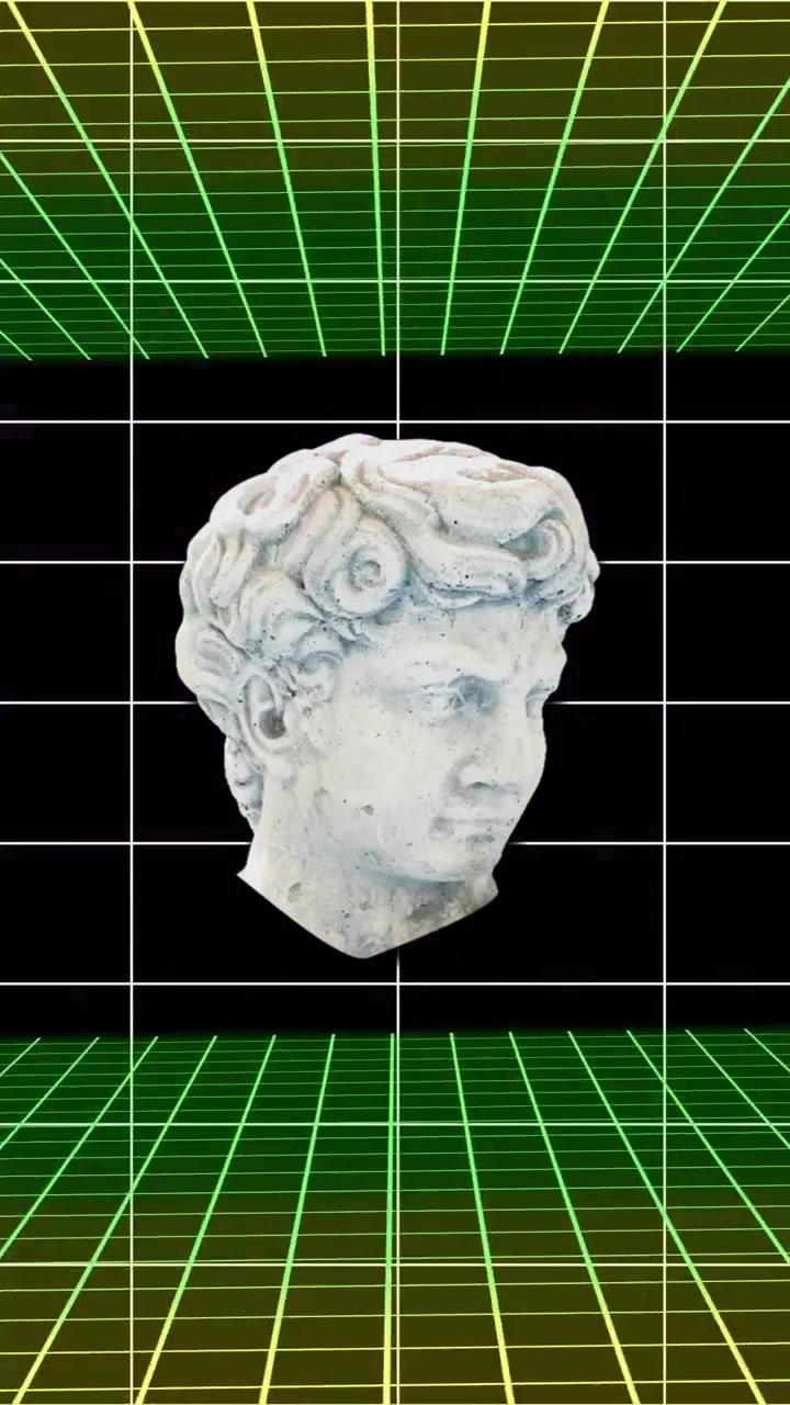 Animazione di una testa di statua classica che si deforma su griglie rosa su sfondo nero