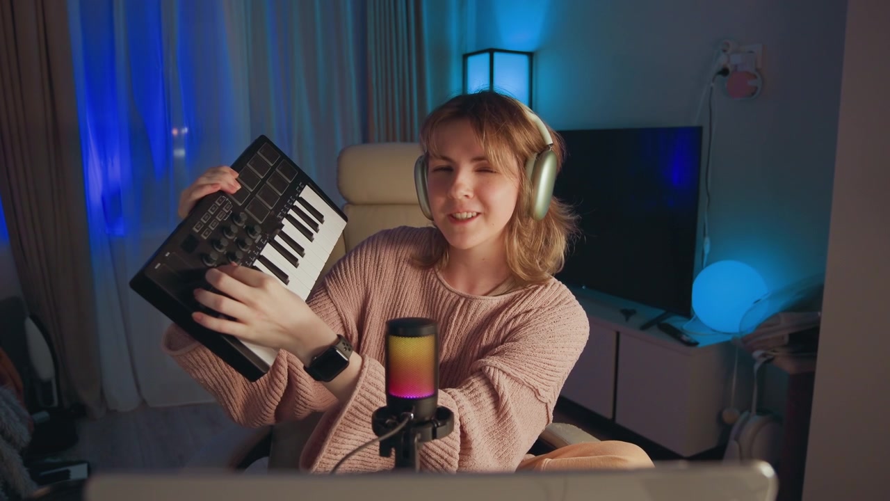 Jovem mulher em um estúdio caseiro aconchegante levanta um teclado MIDI compacto em direção ao espectador, sorrindo enquanto usa fones de ouvido e mostra equipamentos musicais para gravação criativa, ensino online ou performance