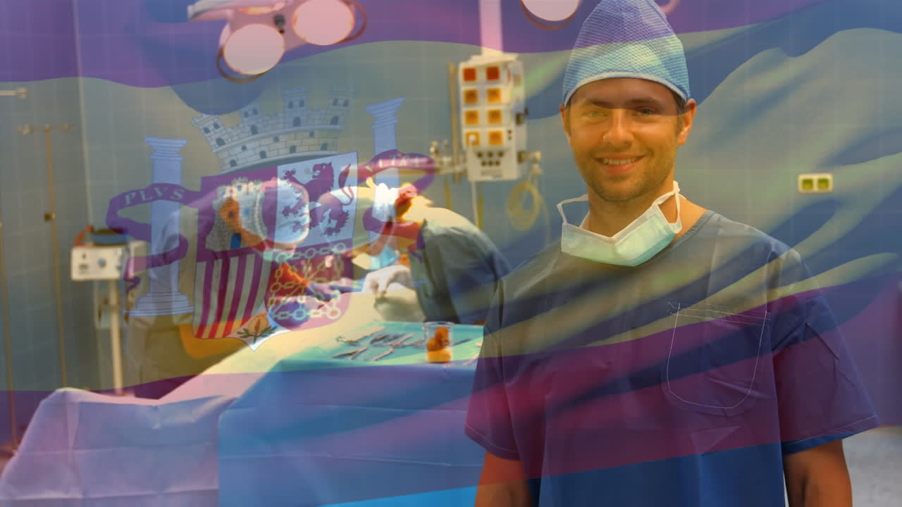 수술실에서 외과 의사 들 위 에 스페인 국기 가 흔들리는 애니메이션