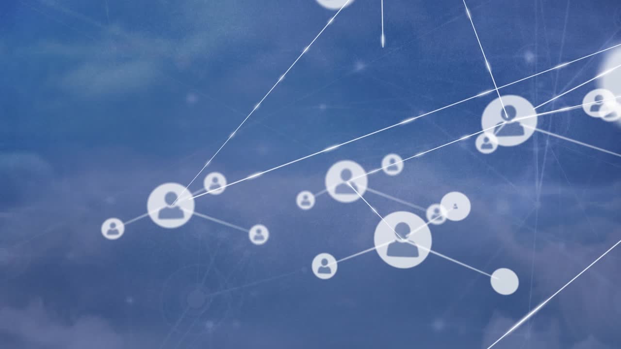 Animazione di reti di connessioni con icone sul cielo