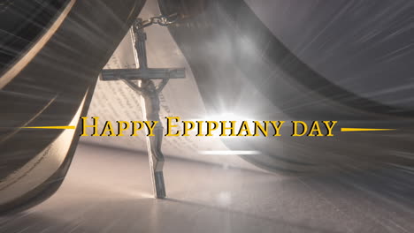 animation of happy epiphany day text over bible and cross