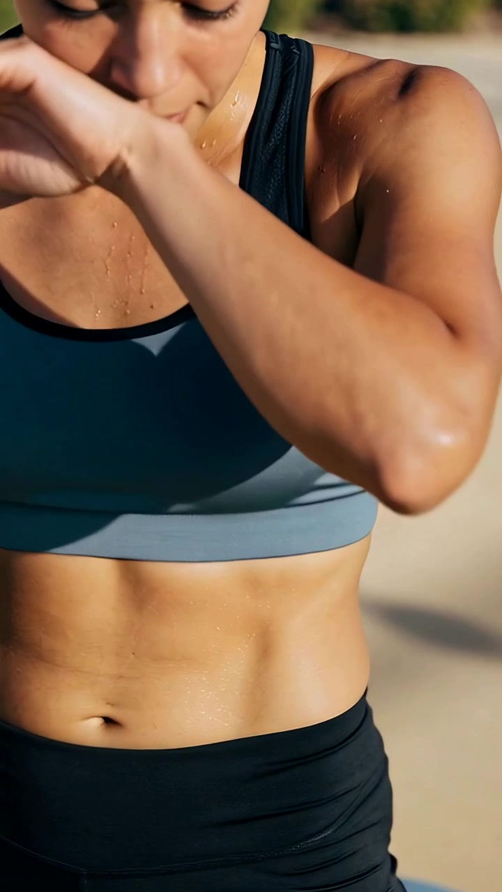 Video verticale: Donna in reggiseno sportivo che sorseggia, si alza da una palla blu sul marciapiede dopo una serie di esercizi, con una bottiglia