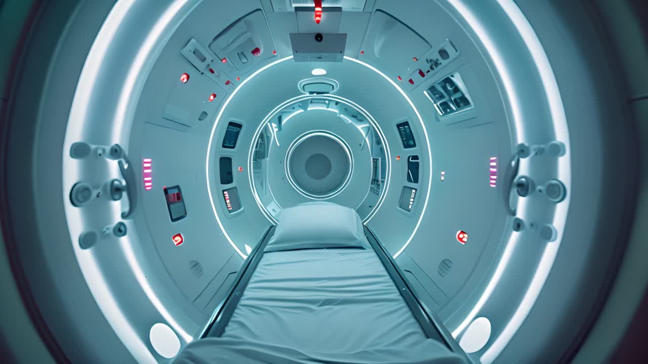 Vista interna di uno scanner medico futuristico o di una macchina per risonanza magnetica