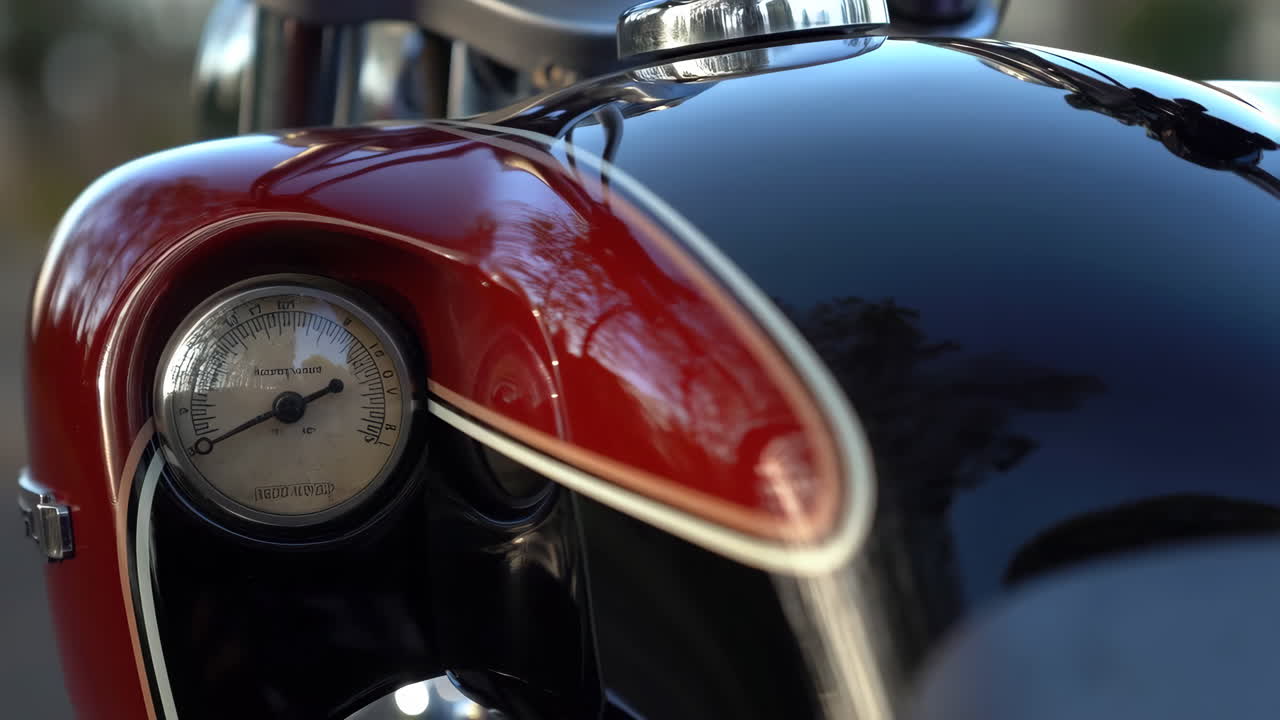 Close-up detail of a vintage motorcycle's fuel tank and gauge
