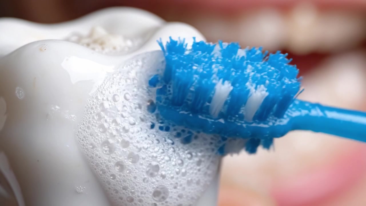 Close-Up of Tooth Brushing Technique Demonstrating Dental Care with Foam and Brush, Highlighting Effective Oral Hygiene Practices for Healthy Teeth