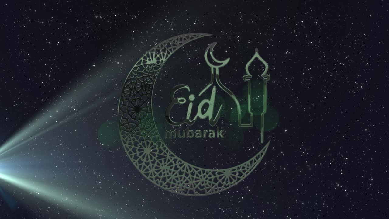 Animazione del testo Eid Mubarak con luna crescente e moschea su sfondo stellato