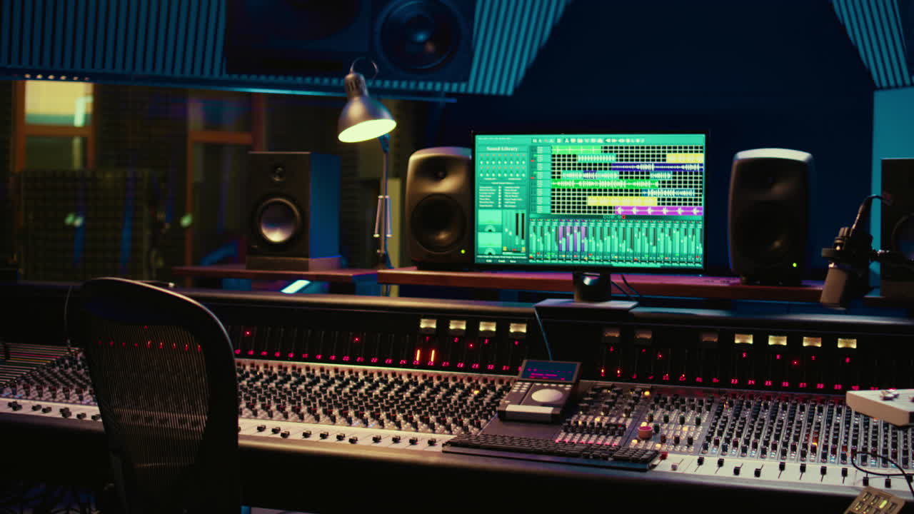 Music record studio control room with daw software used to mix and master audio