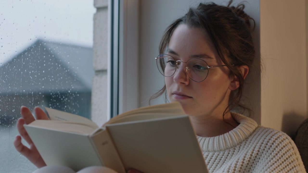 Draußen fallender Regen lockt eine Frau an, die einen Pullover und eine Brille trägt, ein Buch hält, Seiten umblättert und auf einem Fensterplatz sitzt.