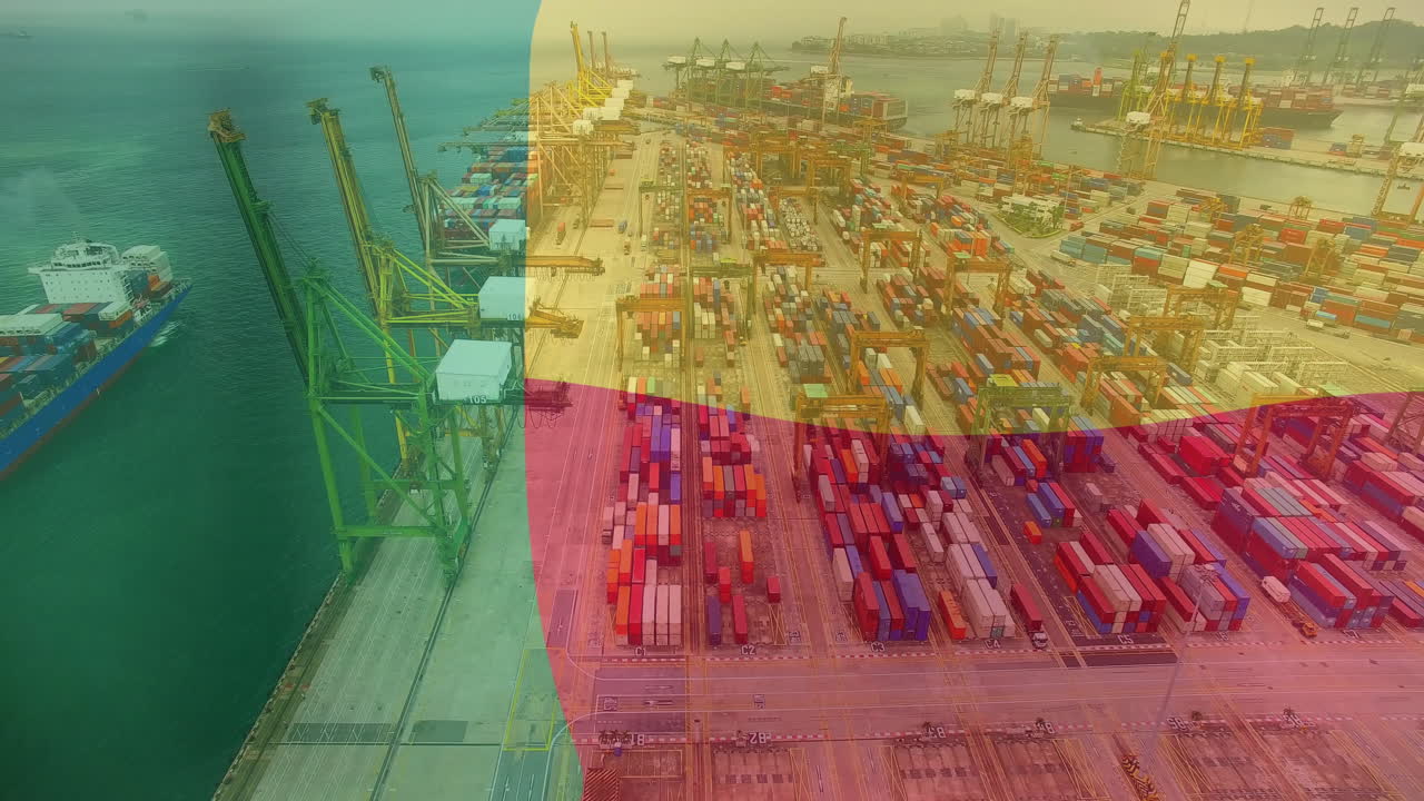 Colorful cranes and stacked cargo in port with transparent flag animation overlay