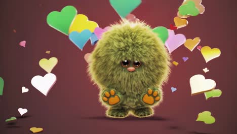 fluffy monster with falling hearts