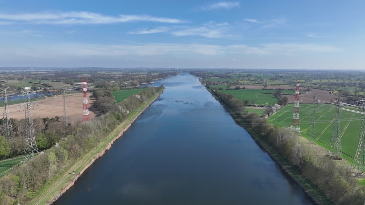 Kiel canal, shipping canal, river waterway in Germany. Connecting the eastsea with the northsea. Aerial view.