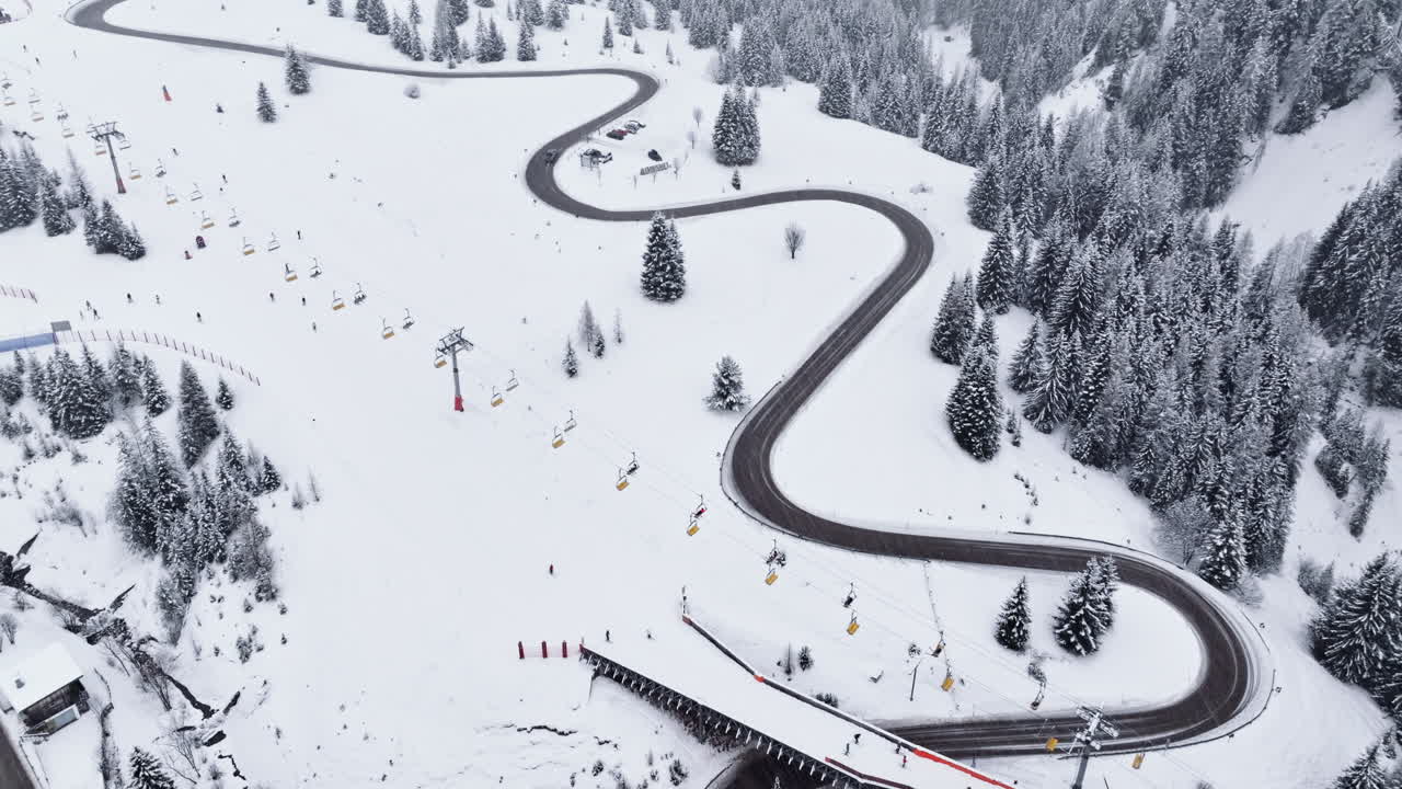 Aerial drone view of a ski lift in Corvara, in South Tyrol, the Dolomites