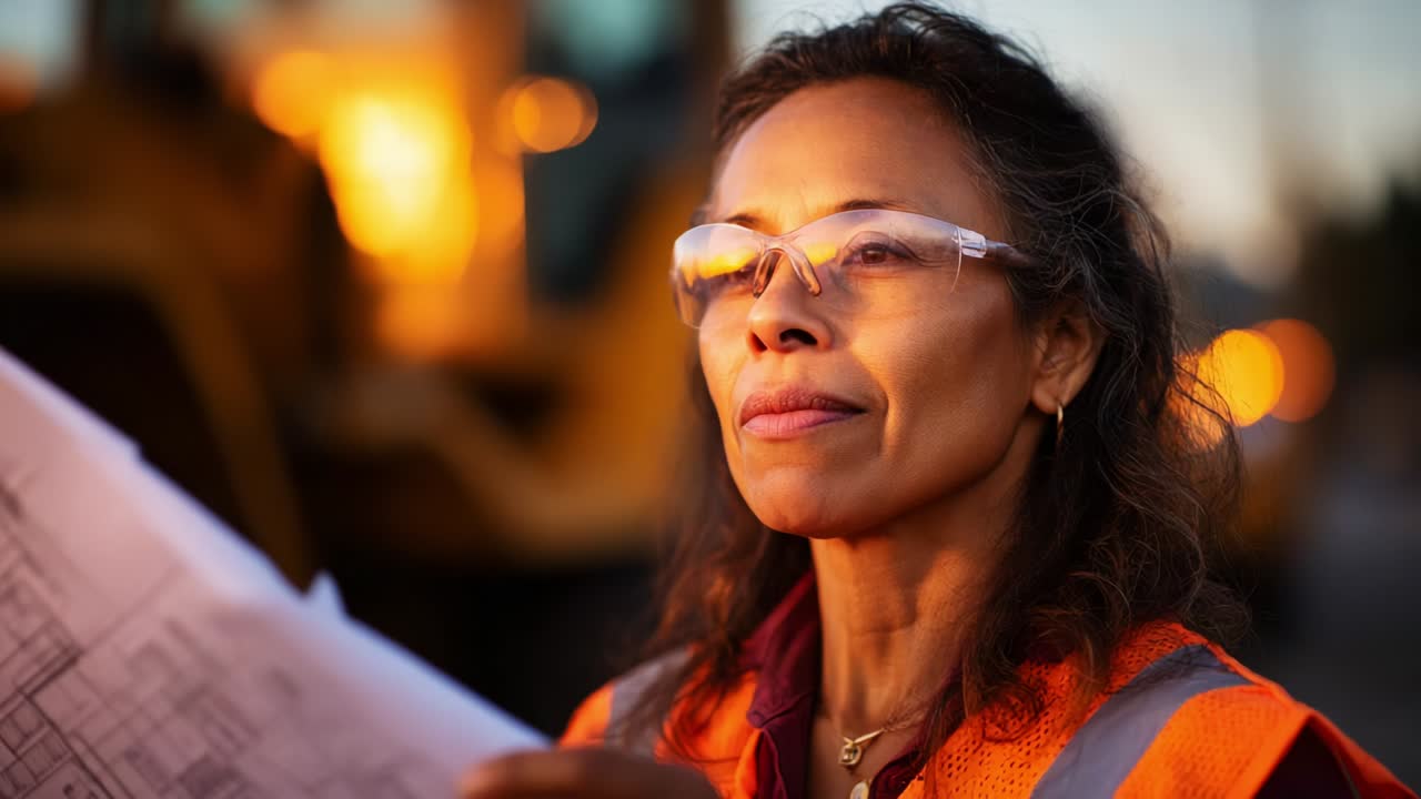 An empowered construction professional evaluates architectural plans during golden hour, showcasing dedication and expertise in a dynamic and transformative field of engineering