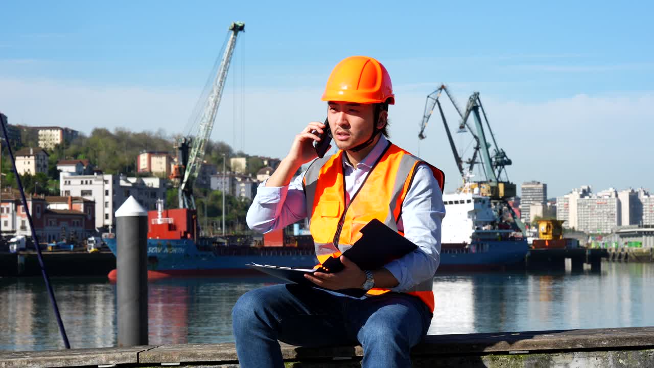 Engineer in Safety Vest Talking on Phone at Industrial Port