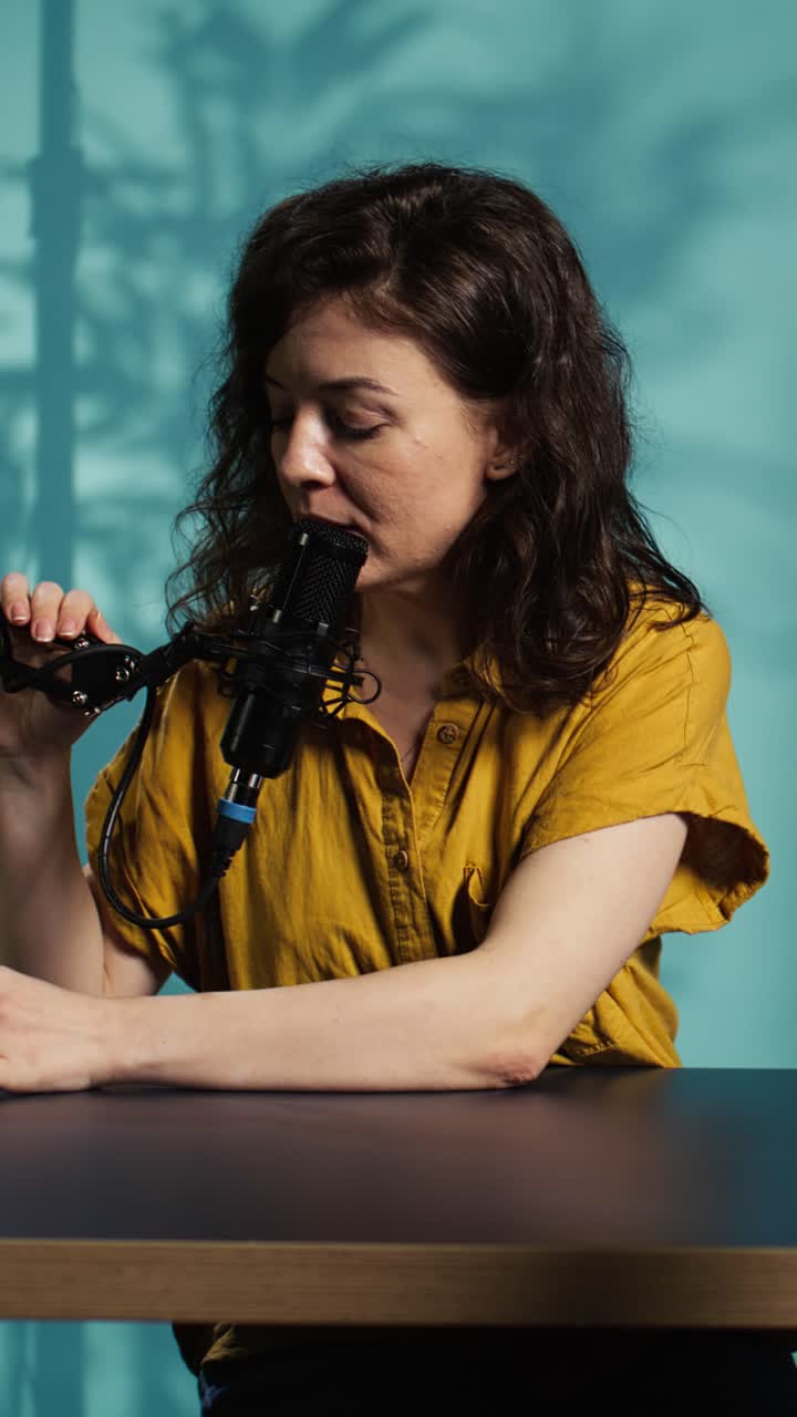 Kvinde optager podcast og taler i mikrofon
