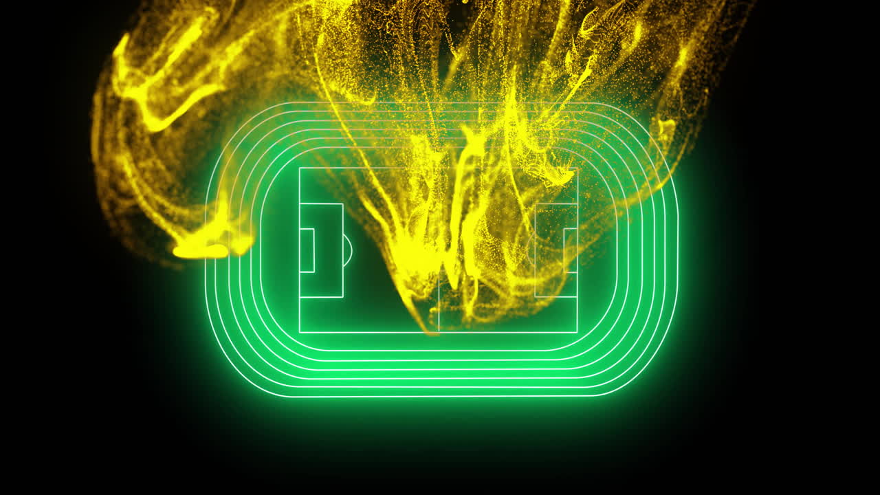 Yellow particles and green neon lines forming stadium animation over black background