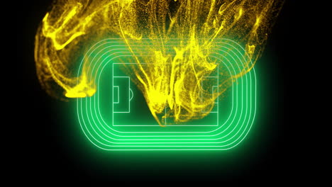 yellow particles and green neon lines forming stadium animation over black background