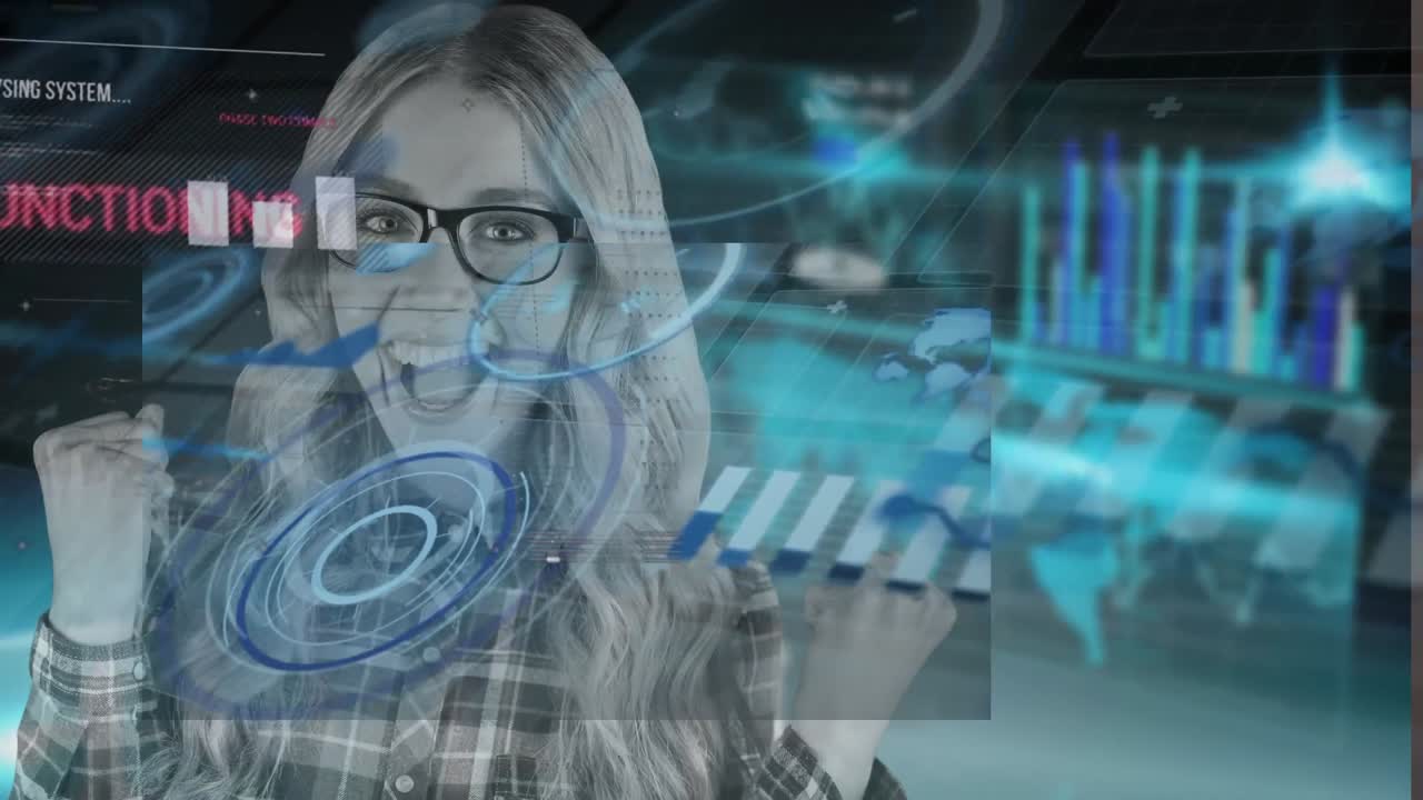 animación de diversos datos en pantallas digitales sobre mujeres caucásicas exitosas