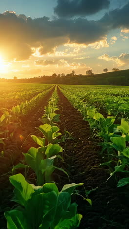 a field of green plants with a sun in the sky. the sun is setting and the sky is cloudy