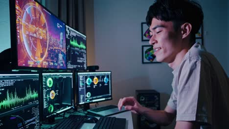 young man, possibly a software developer or data analyst, exults with satisfaction as he interacts with complex data displayed across an array of monitors in his technologically advanced workspace