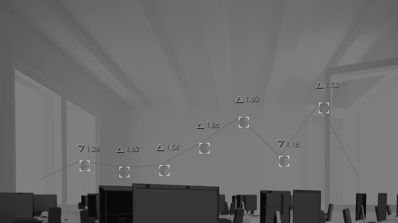 animación de gráficos con visores y números cambiantes en los escritorios de la oficina