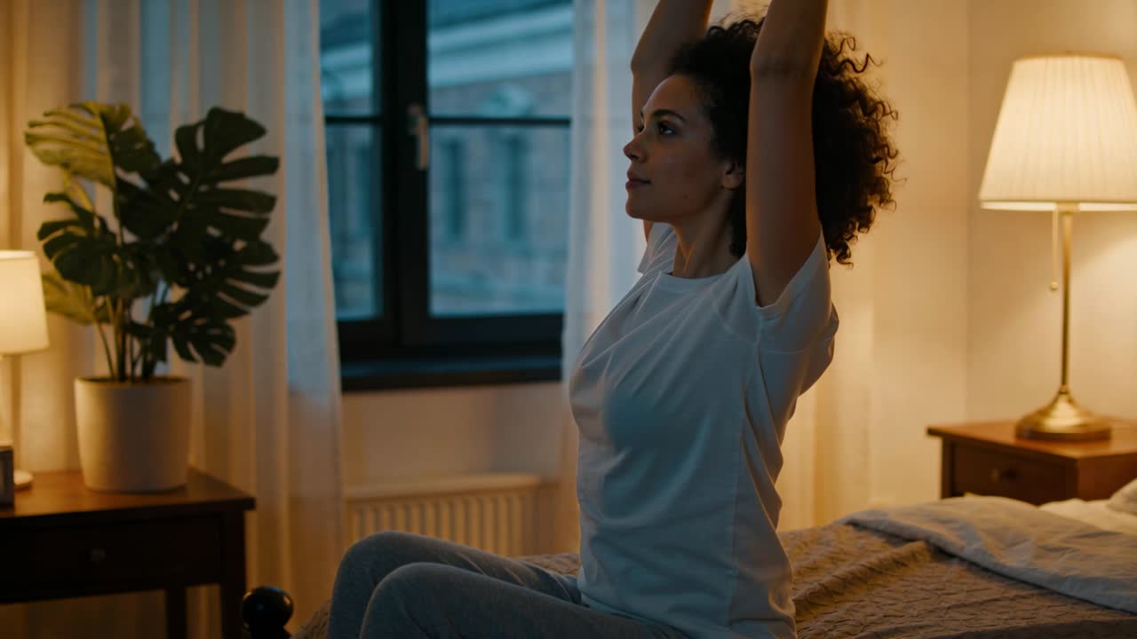 Donna che si sveglia, in maglietta bianca e pantaloni grigi, si raccoglie i capelli e si stiracchia verso l'alto sul letto con una lampada