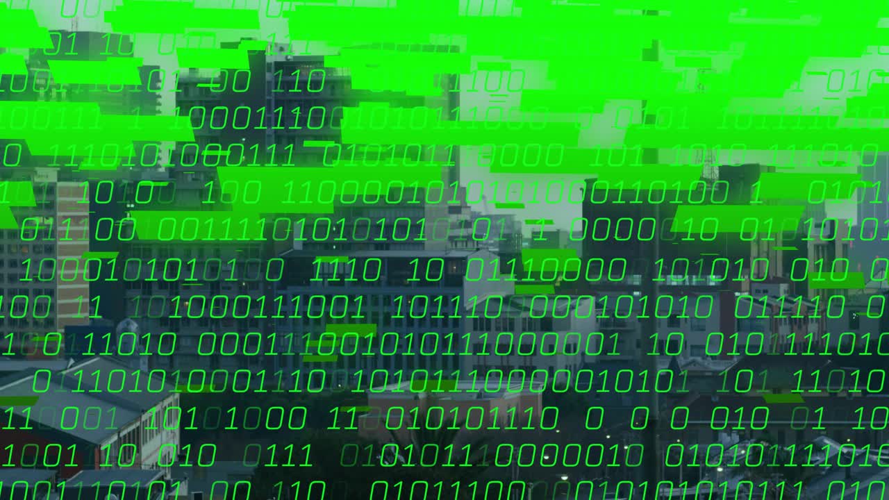 Faint green glyphs appearing, forming binary stream growing over city skyline, masking details