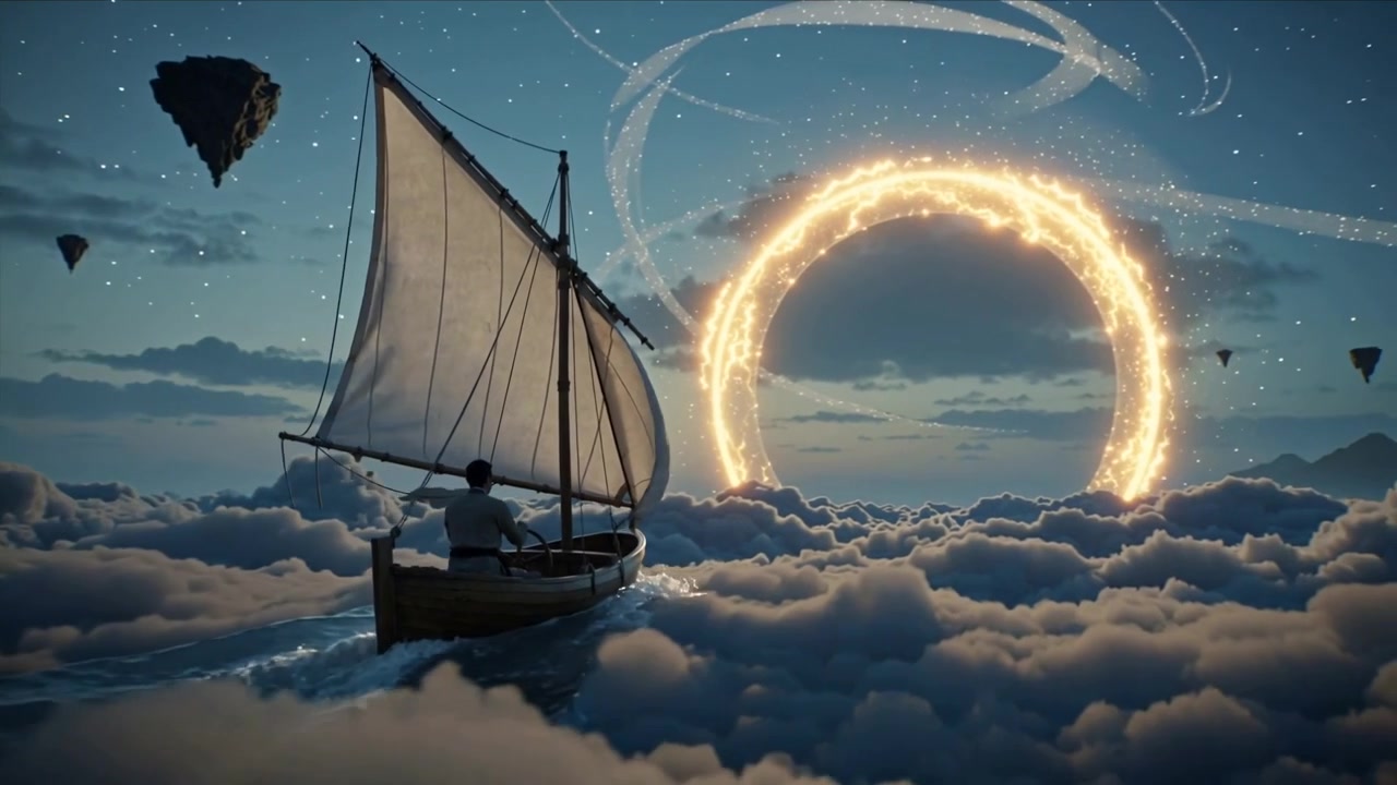 Barca a vela che scivola con marinaio al timone sopra le nuvole, mentre un anello emerge davanti, dirigendosi verso un bagliore.