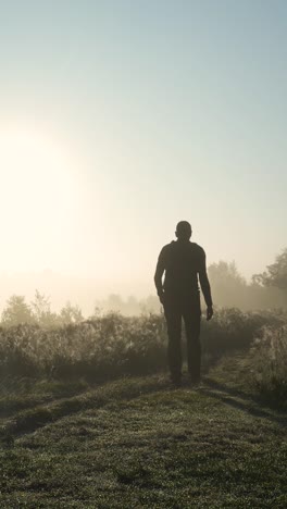 a person walking through misty morning fields