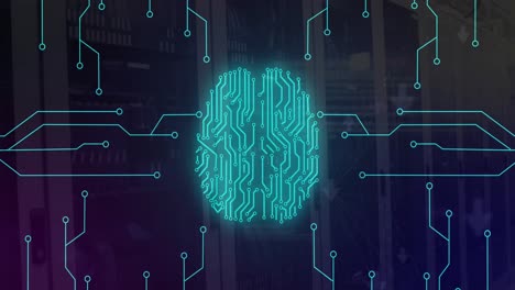 animación del patrón de la placa de circuito cerebro sobre los sistemas de servidor de datos en la sala de servidores