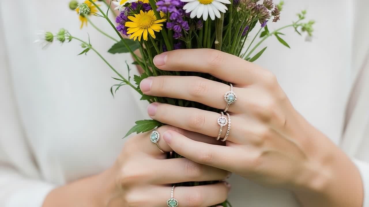 Beautifully Captured Hands Showcasing Elegant Floral Bouquet and Exquisite Jewelry with Rings Adorned in Sparkling Stones and Captivating Nature's Colors