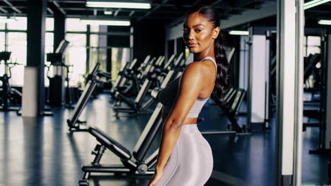 woman in gym outfit posing in fitness center
