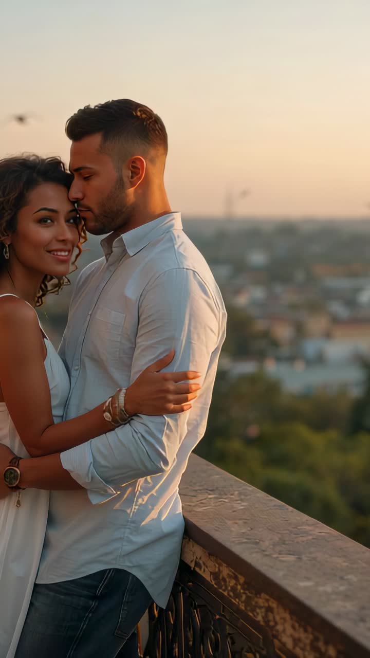 Vídeo vertical: Un hombre inclinado abrazando a una mujer en una barandilla al atardecer, mostrando afecto, vestido y camisa