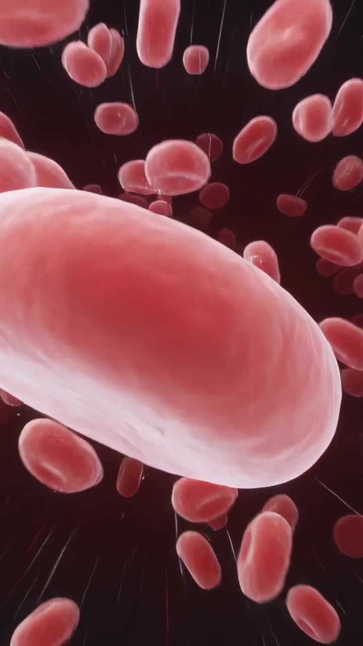 Vertical video: Rotating large red blood cell drifting through vessel after pulse, plasma streaks