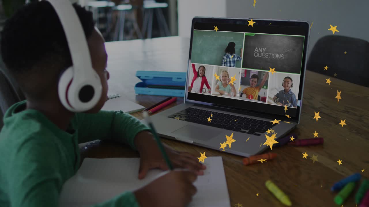 Boy writing on laptop in remote class causing golden stars drifting with chalk text asking question