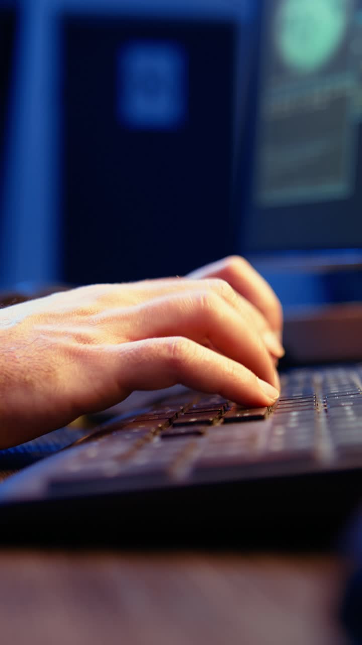 Vertical video Hacker in secret underground shelter typing on keyboard, close up