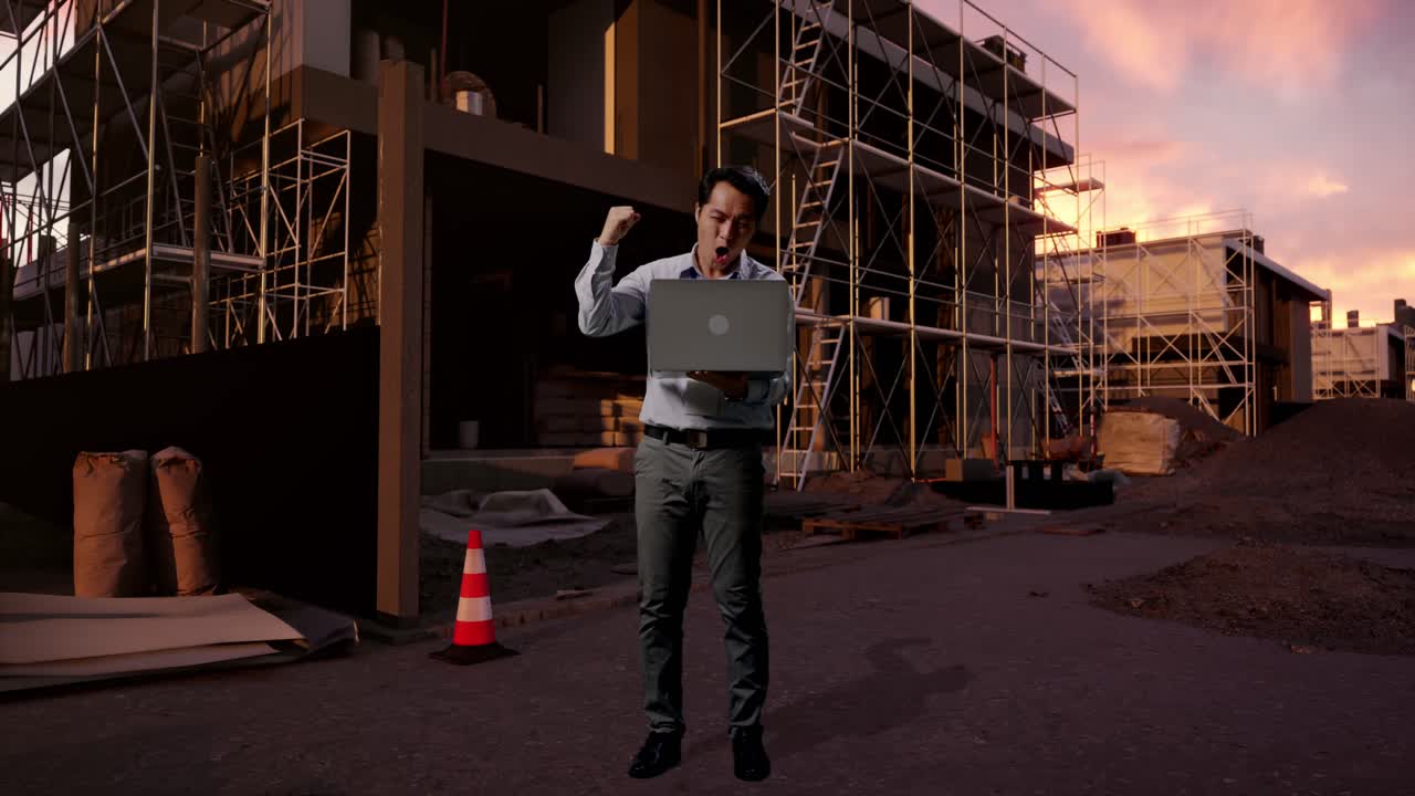 Full Body Of An Asian Male Professional Worker Standing With His Laptop At Construction Site in Progress to New House, He Raises His Fist Up With Screaming Goal