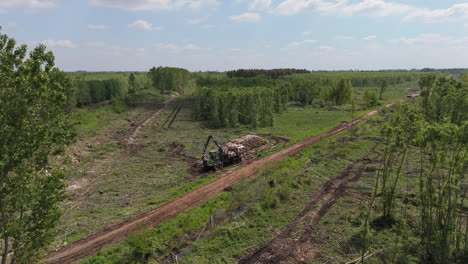 aerial view of a forest undergoing deforestation with heavy machinery transporting logs. environmental impact and forest exploitation.