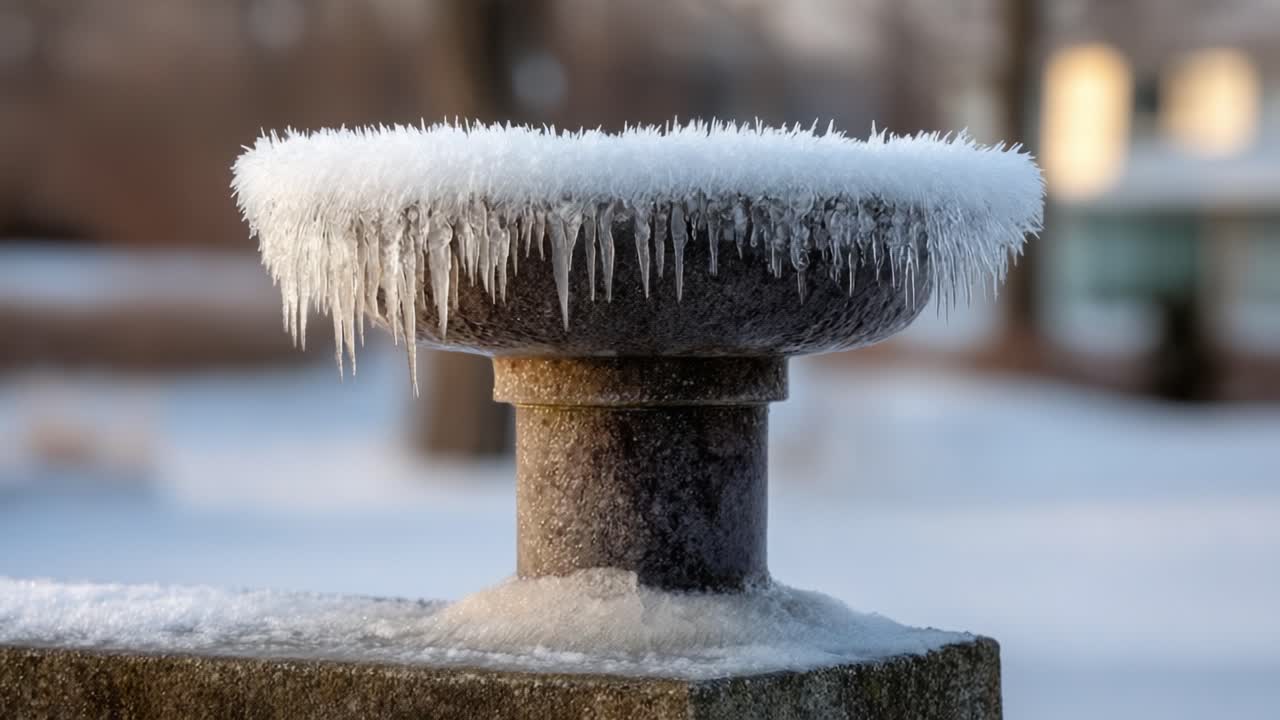 A Stunning Close-Up of a Frozen Birdbath adorned with Ice Crystals, Showcasing the Effects of Winter's Chill on Nature's Beauty