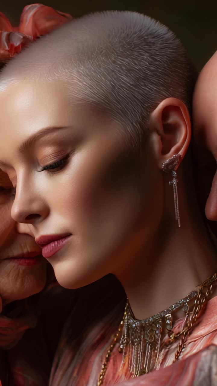 A Serene Embrace: Capturing a Moment of Tender Connection and Beauty in a Softly-lit Portrait Showcasing Graceful Features and Delicate Jewelry