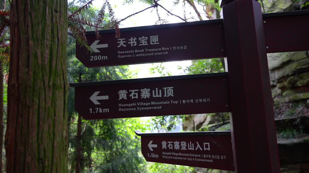 Sign in a forest with directions to various locations in Zhangjiajie near Huangshizhai, China