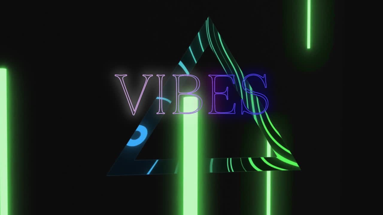 Animation of vibes text over neon shapes on black background