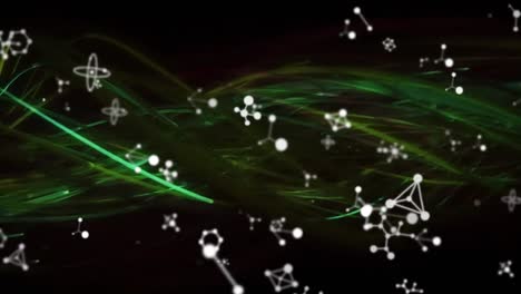 Animation-of-glowing-green-strands-over-white-molecular-structures-on-black-background